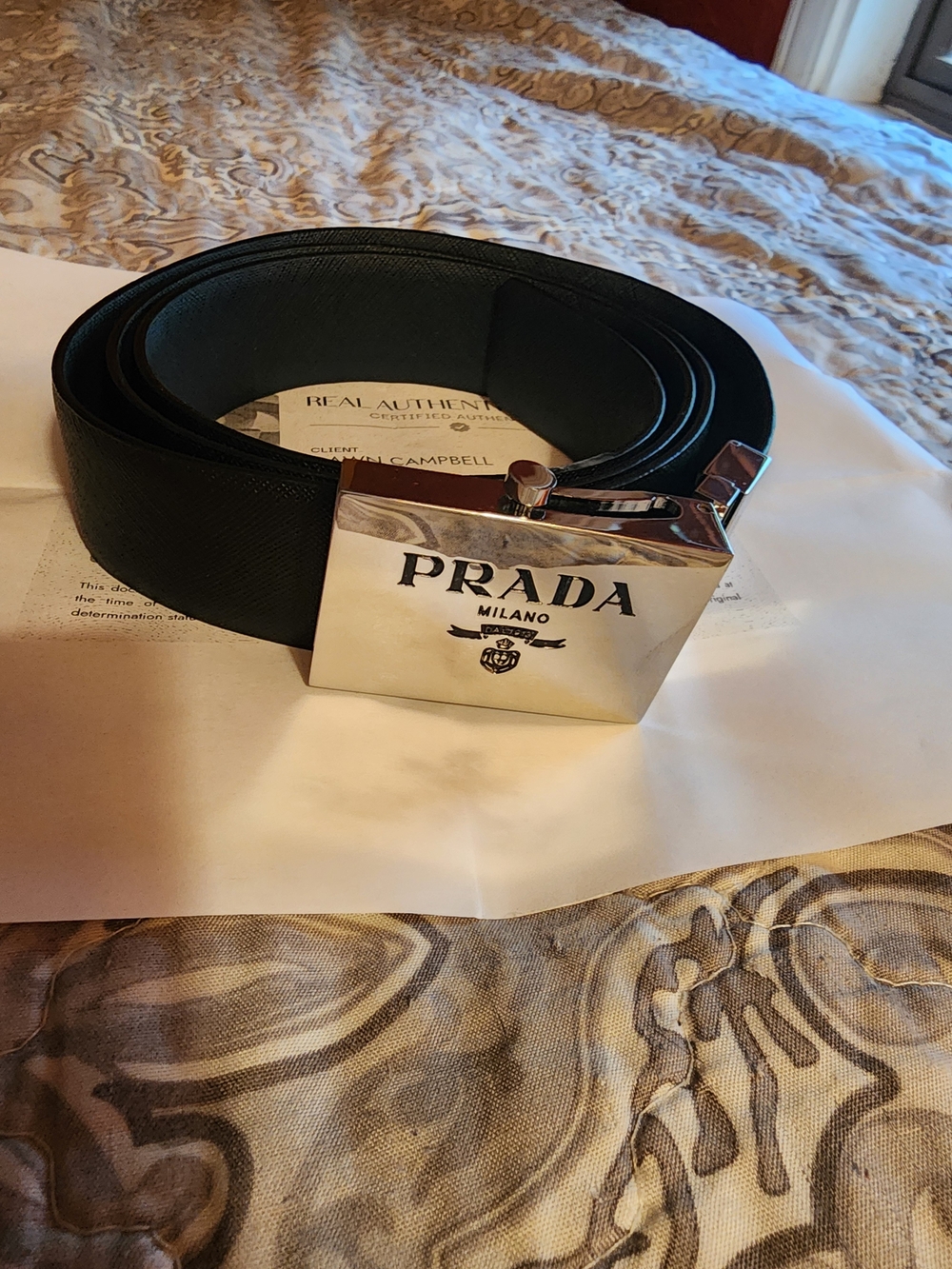 Prada Saffiano BLUE Leather Men's Belt with Reversible Silver Logo Buckle